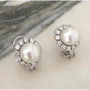 Paire de boucles d'oreilles en or blanc 18K perles et diamants 