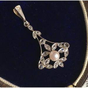 Pendentif Belle Époque en or 18K perle et diamants 