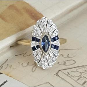 Art Deco Ring In 18k Yellow Gold With Sapphires And Diamonds 