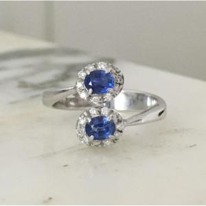 Bague Toi & Moi en or blanc 18K saphirs et diamants 