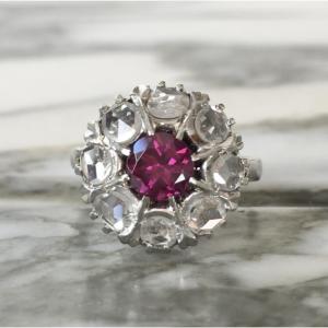 18k White Gold Daisy Ring With Rhodolite Garnet And Diamonds