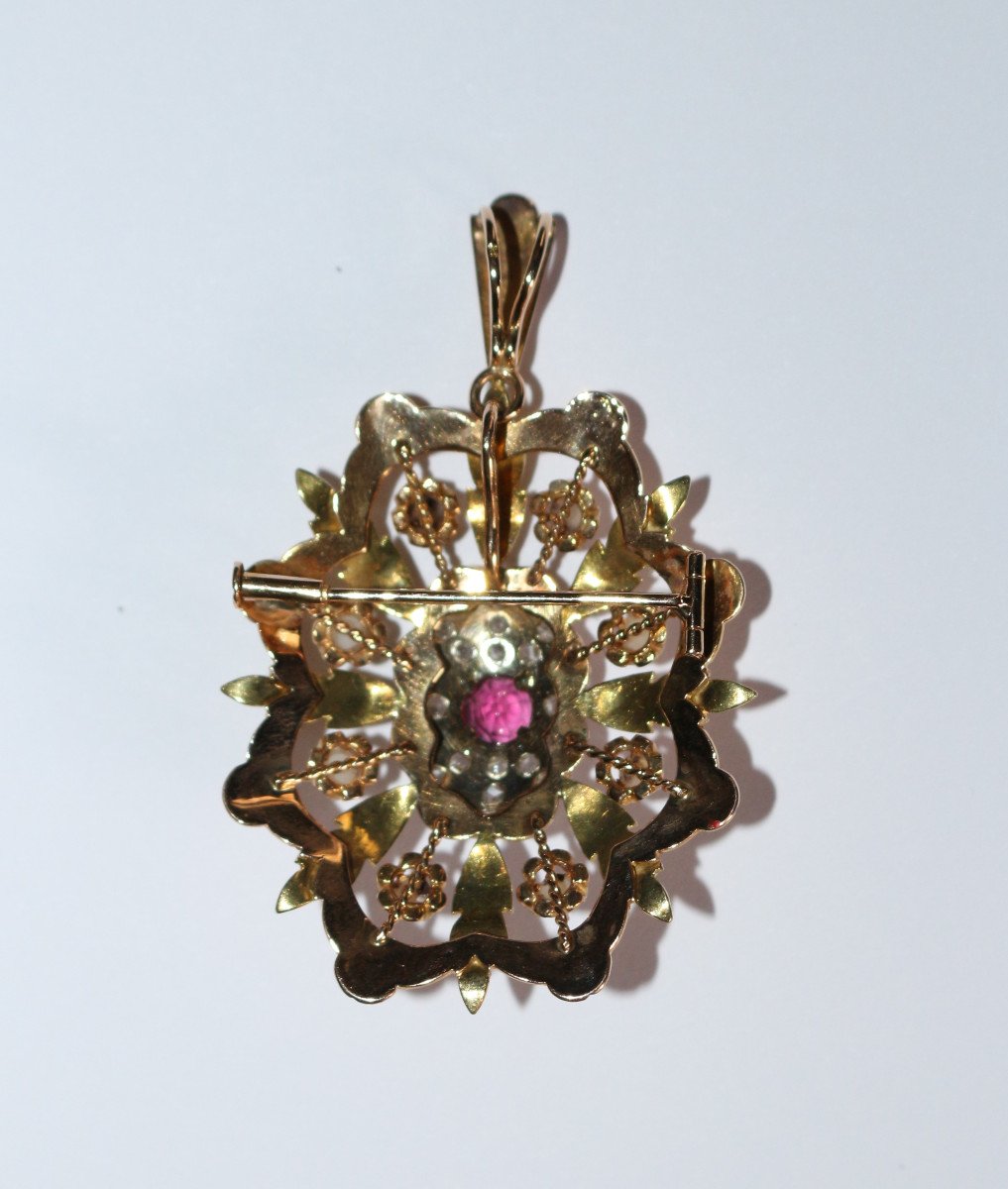 Pendentif Broche Napoléon III Trois Ors Diamants Grenat -photo-2