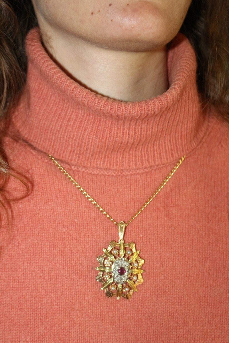 Pendentif Broche Napoléon III Trois Ors Diamants Grenat -photo-4