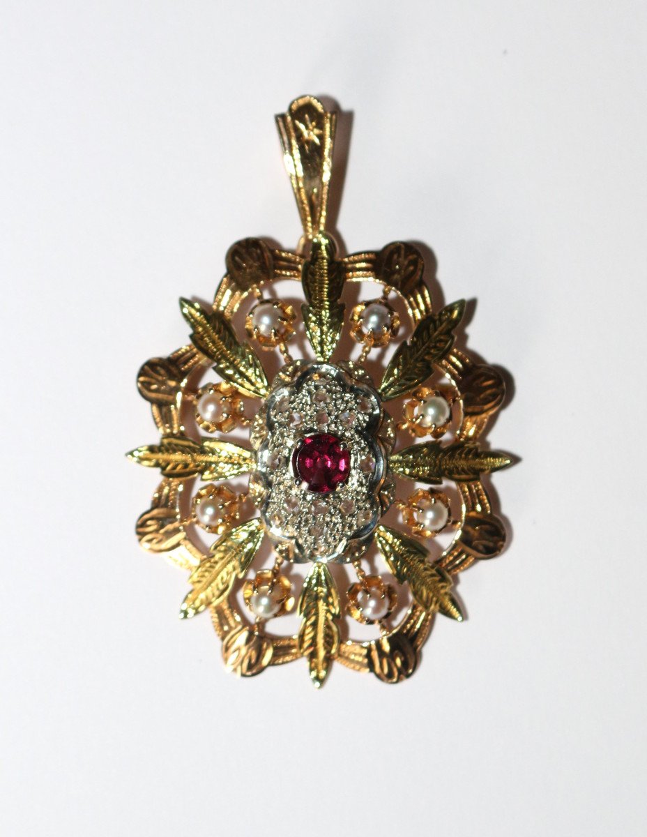 Pendentif Broche Napoléon III Trois Ors Diamants Grenat -photo-1