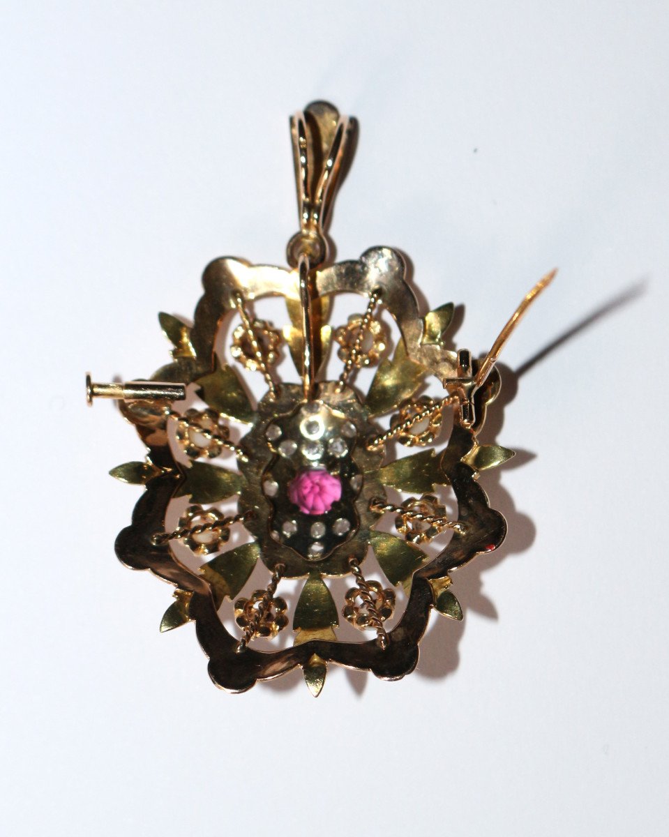 Pendentif Broche Napoléon III Trois Ors Diamants Grenat -photo-2