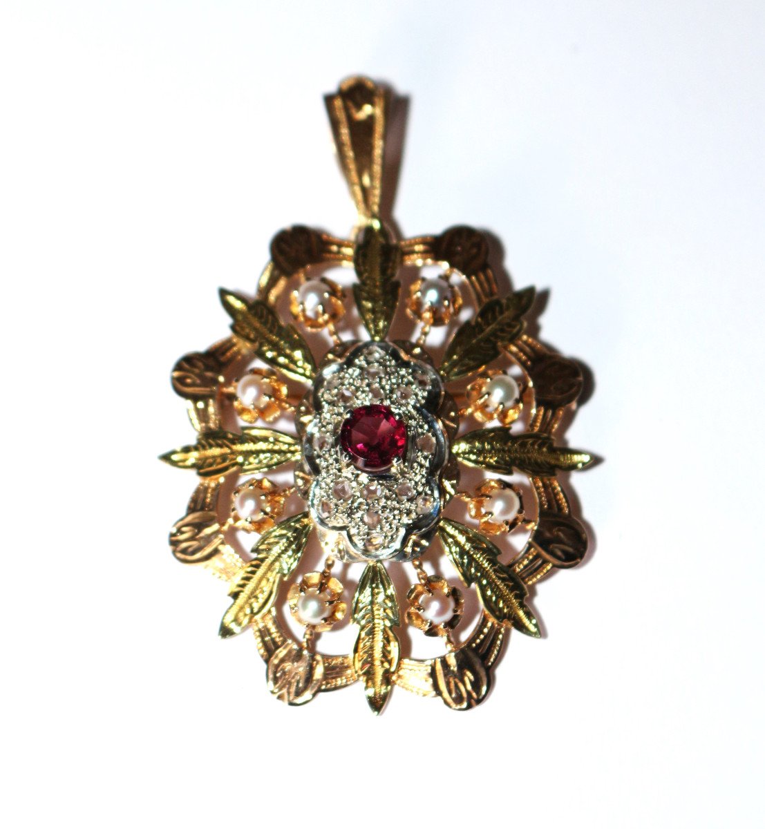 Pendentif Broche Napoléon III Trois Ors Diamants Grenat -photo-5