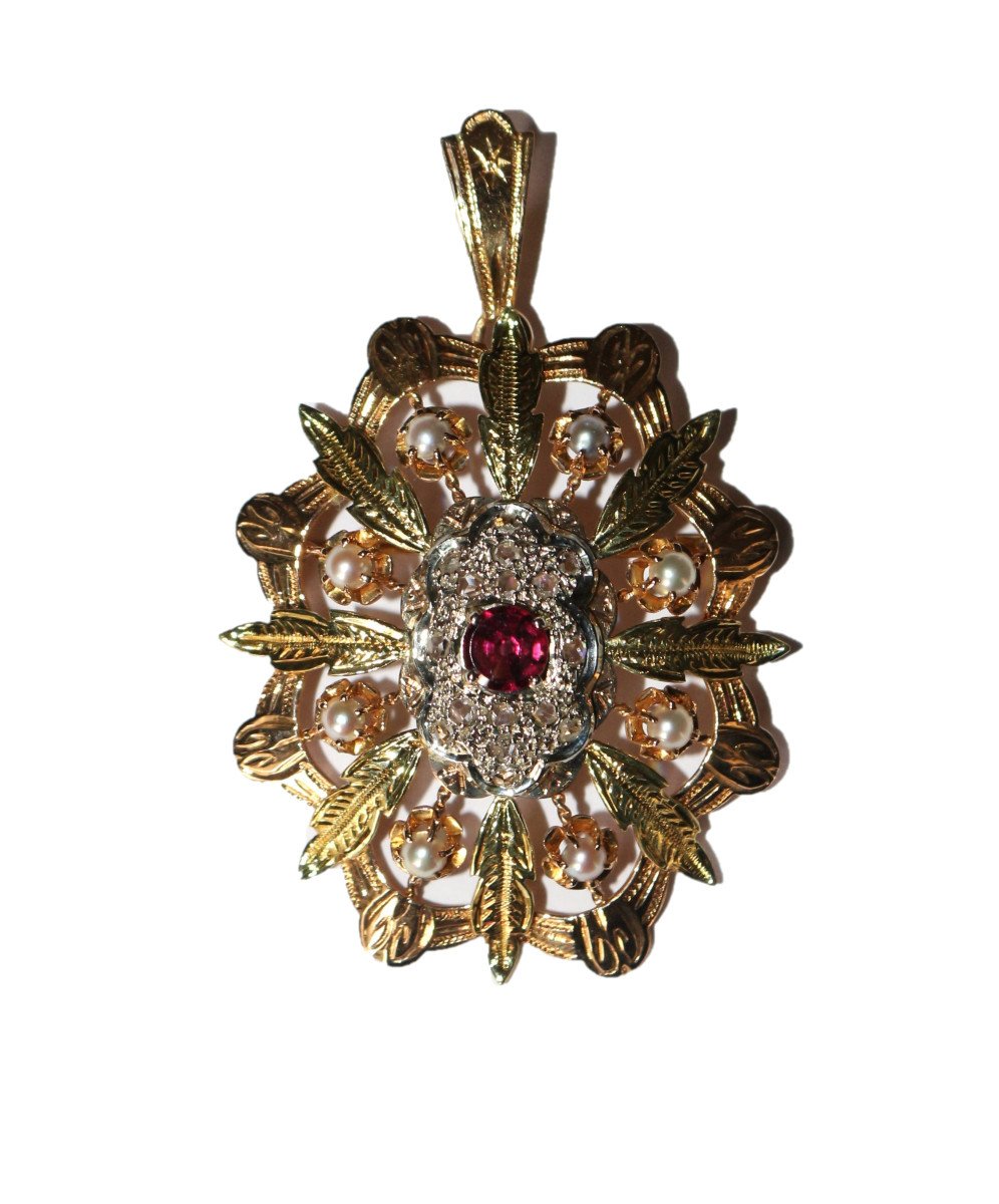 Pendentif Broche Napoléon III Trois Ors Diamants Grenat 