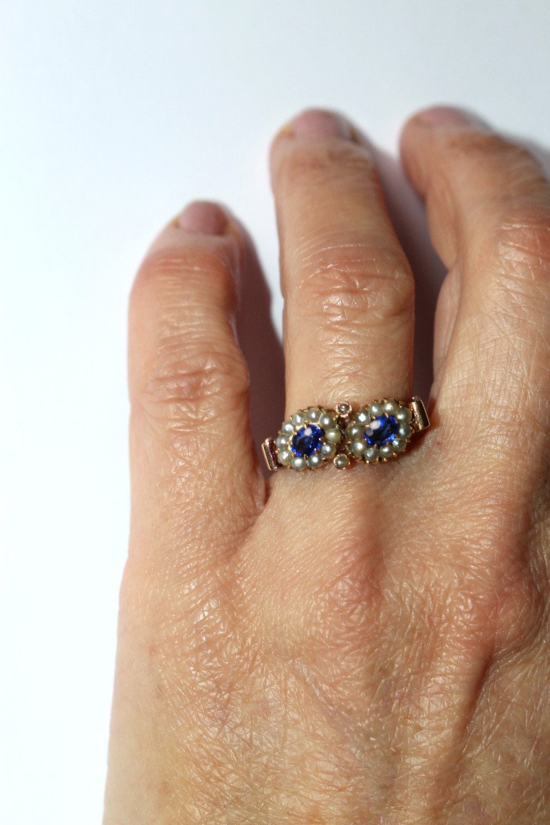 Bague Duo Ancienne Perles Et Pierres Bleues-photo-4