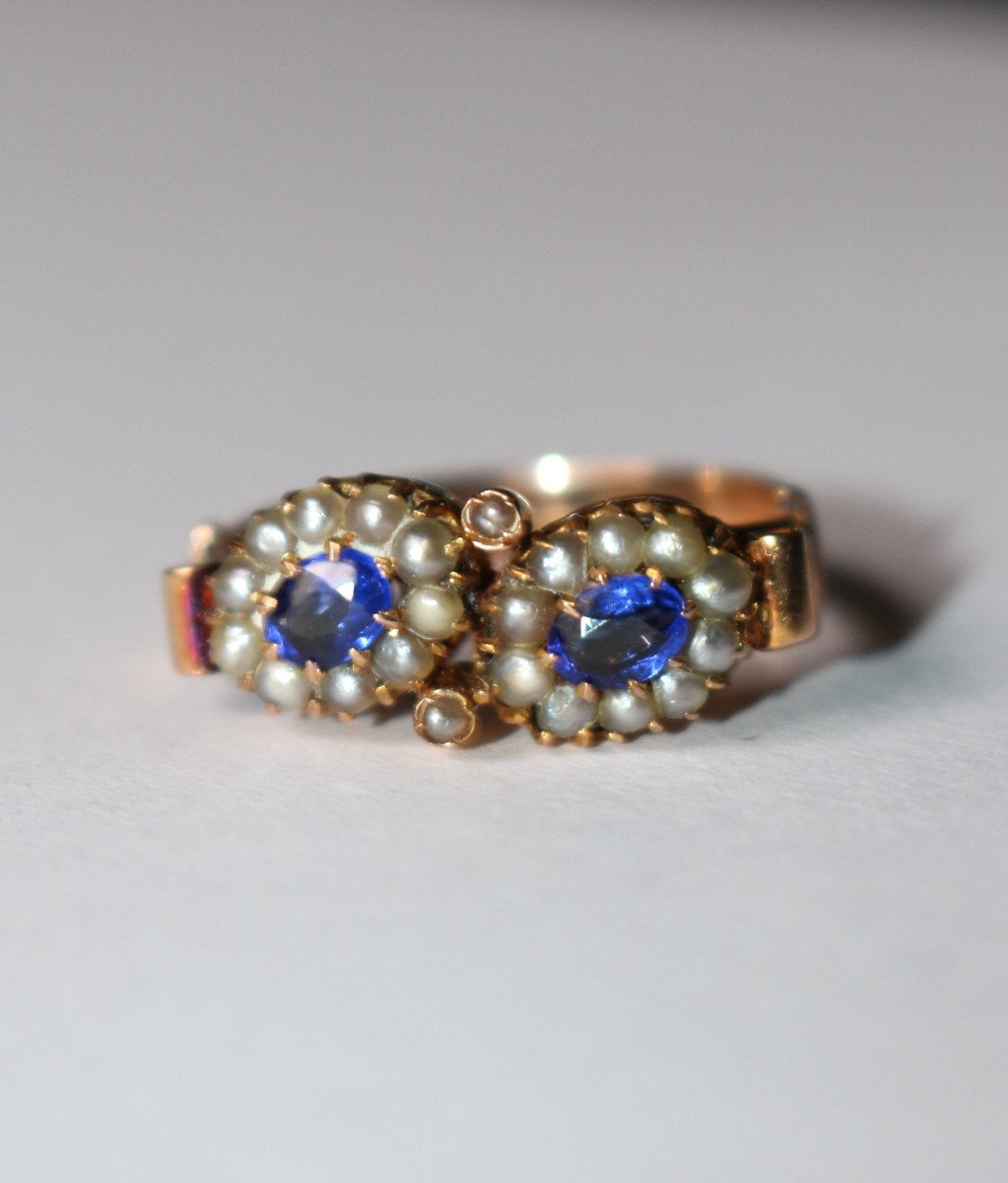 Bague Duo Ancienne Perles Et Pierres Bleues-photo-5