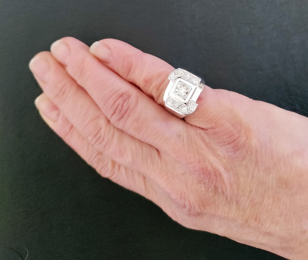 Bague Chevalière Art Déco Or Platine Diamants-photo-2