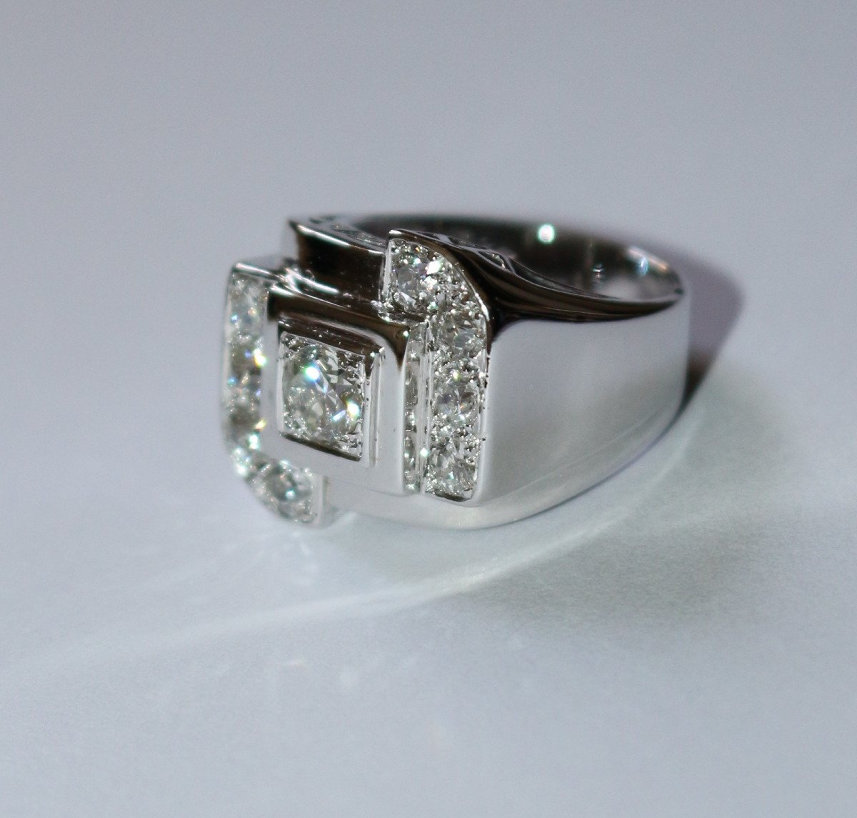 Bague Chevalière Art Déco Or Platine Diamants-photo-8