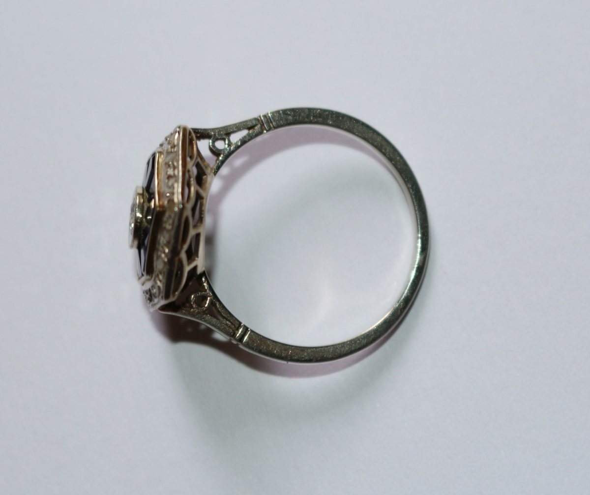 Bague Hexagonale Art Déco Diamants Saphirs-photo-5