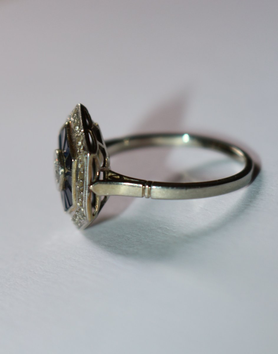 Bague Hexagonale Art Déco Diamants Saphirs-photo-6