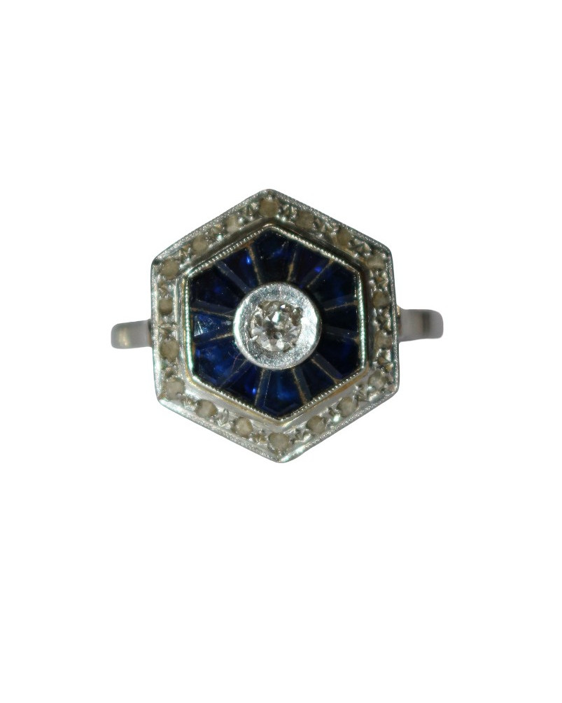 Bague Hexagonale Art Déco Diamants Saphirs