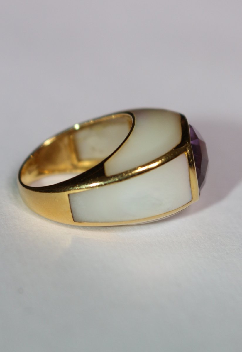 Bague jonc or jaune améthyste entourée de nacre-photo-1