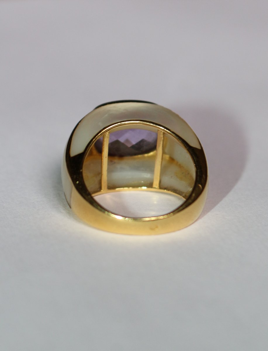Bague jonc or jaune améthyste entourée de nacre-photo-2