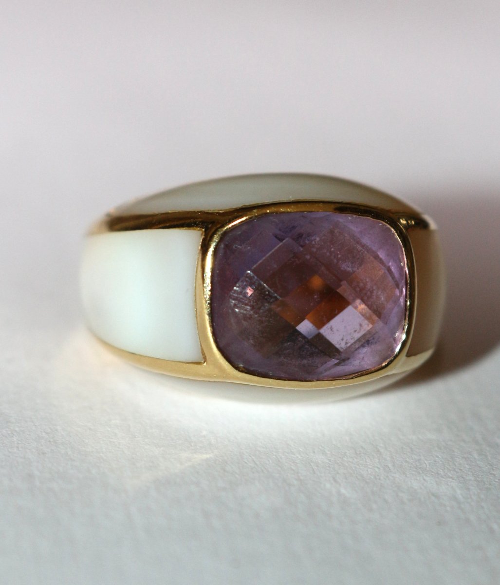 Bague jonc or jaune améthyste entourée de nacre-photo-4