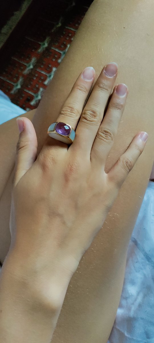 Bague jonc or jaune améthyste entourée de nacre-photo-6