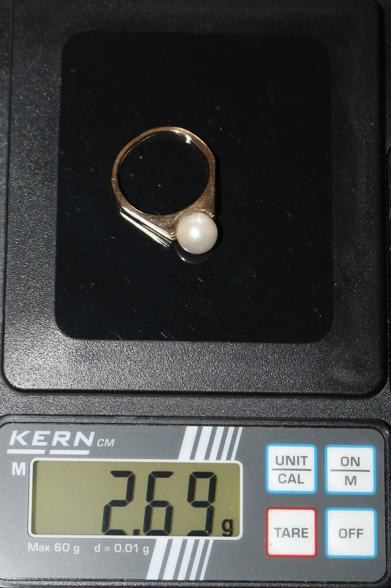 Bague Perle de culture or jaune monture striée-photo-3