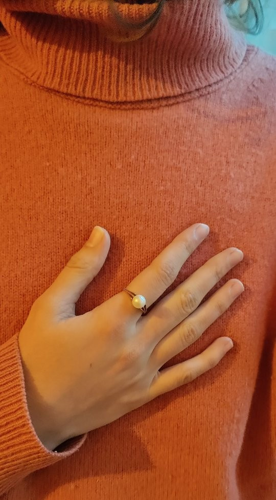 Bague Perle de culture or jaune monture striée-photo-2