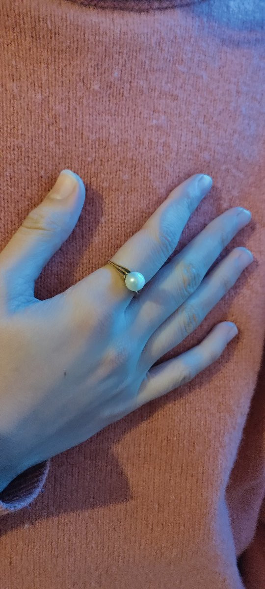 Bague Perle de culture or jaune monture striée-photo-6