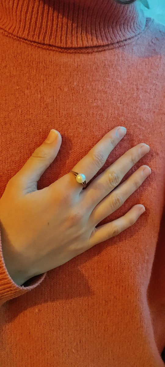 Bague Perle de culture or jaune monture striée-photo-8