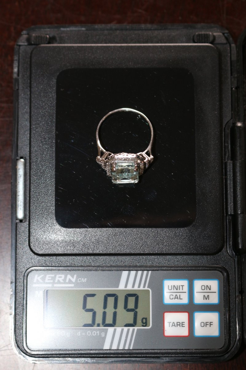 Art Deco White Gold Aquamarine Diamond Ring-photo-2