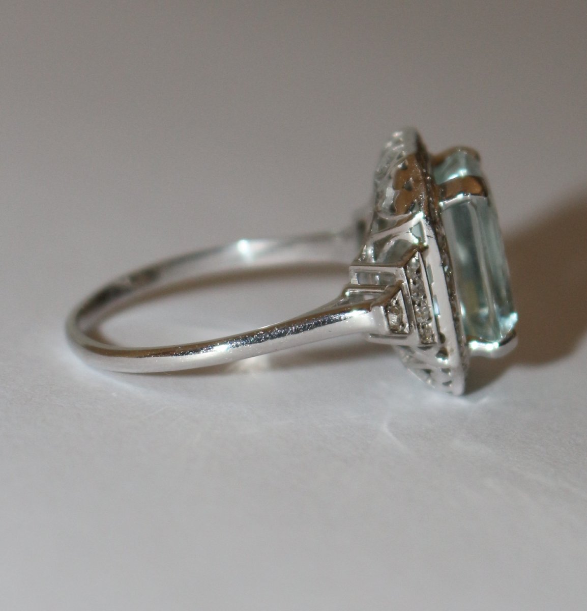 Art Deco White Gold Aquamarine Diamond Ring-photo-2