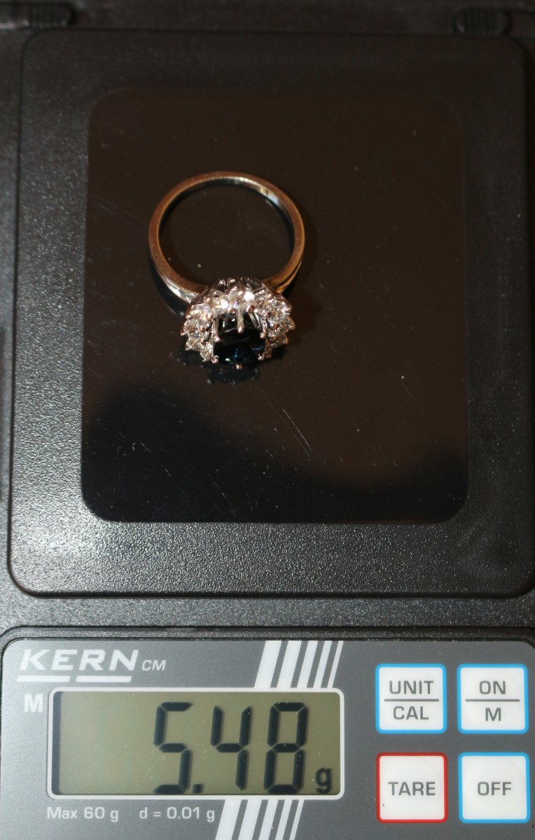 Bague marguerite saphir diamants or blanc-photo-3