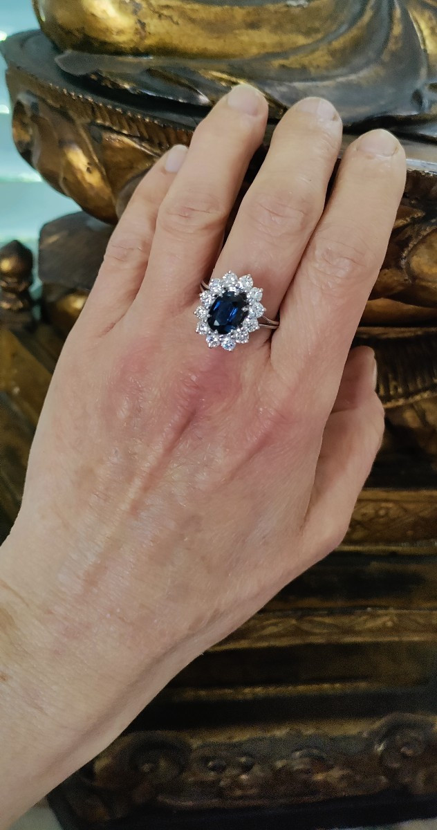 Bague marguerite saphir diamants or blanc-photo-6