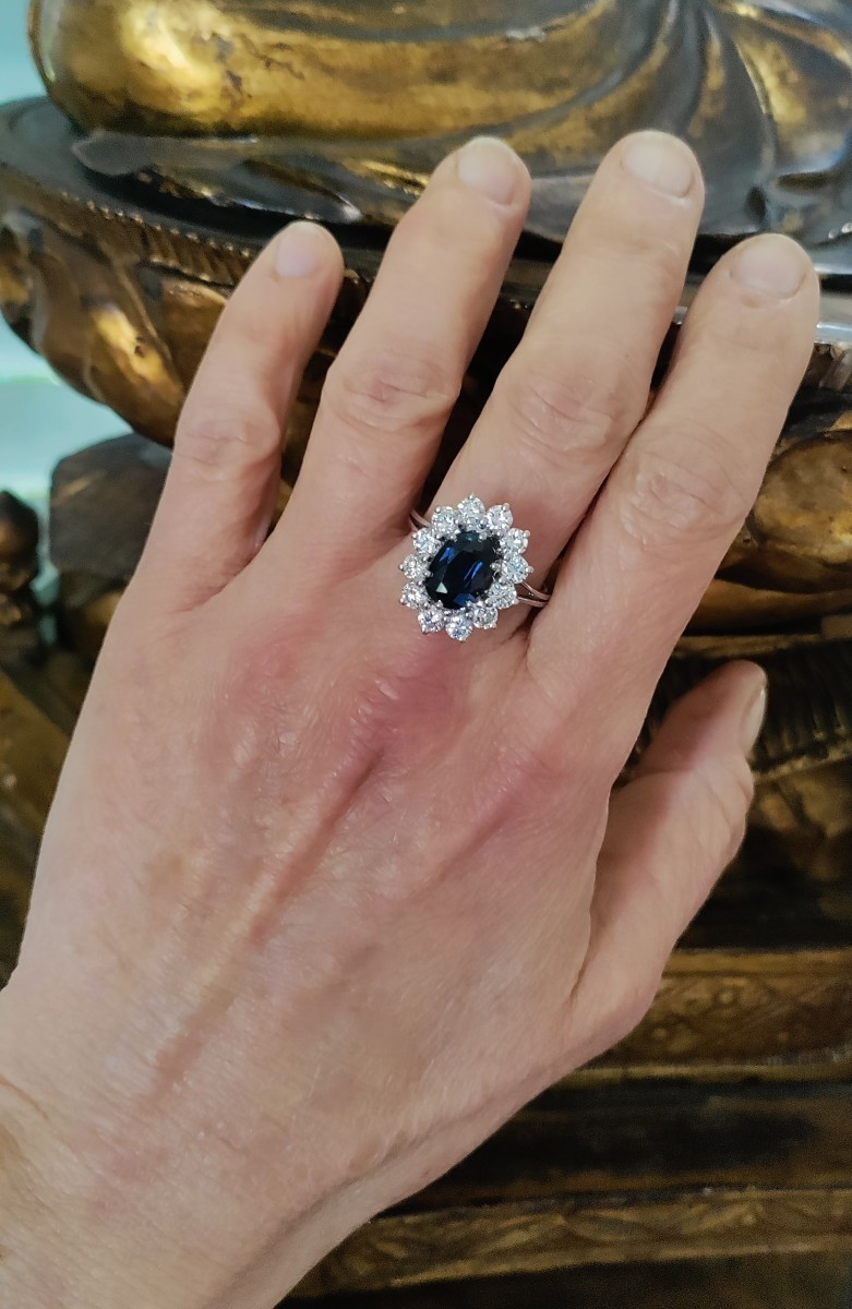 Bague marguerite saphir diamants or blanc-photo-7