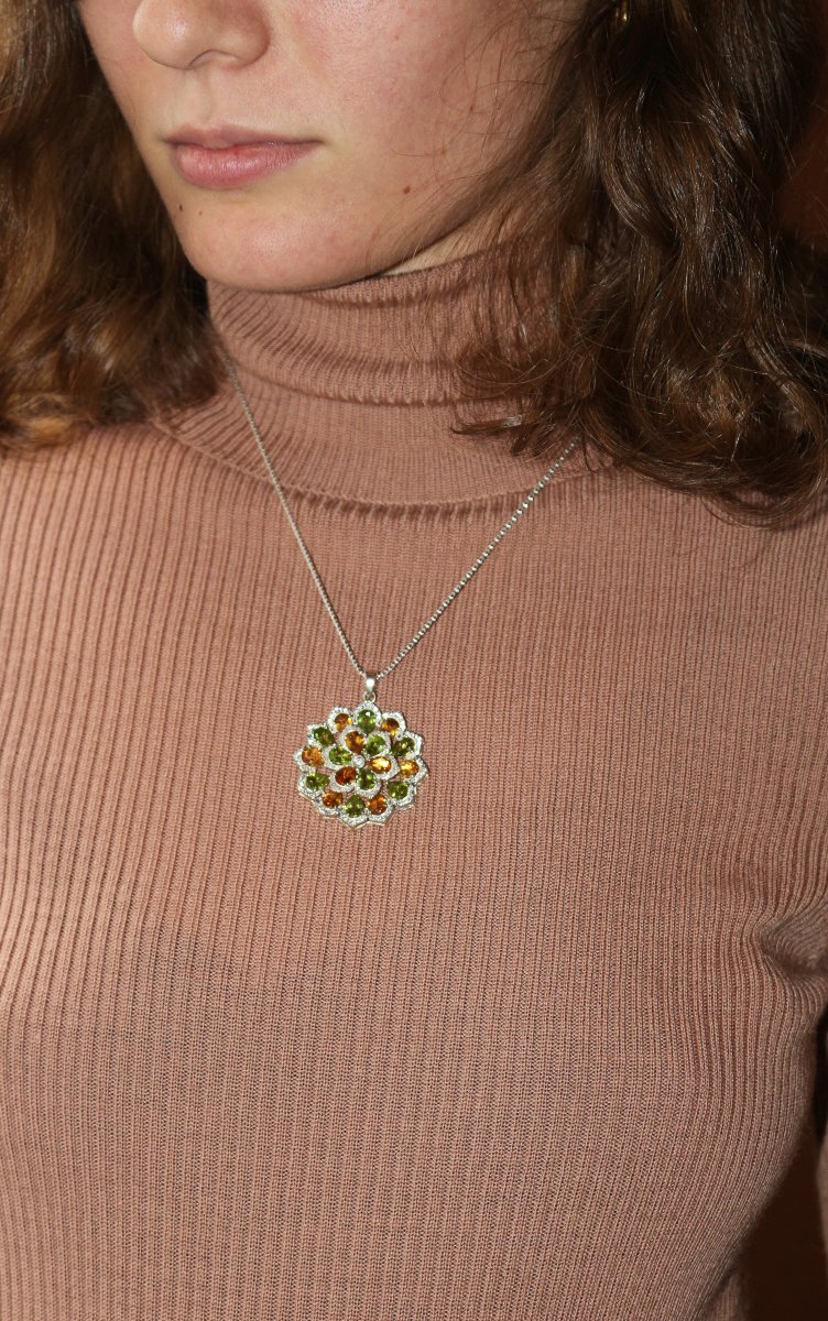 Flower Pendant With Silver Chain, Peridots, Citrines, And Diamond-photo-2