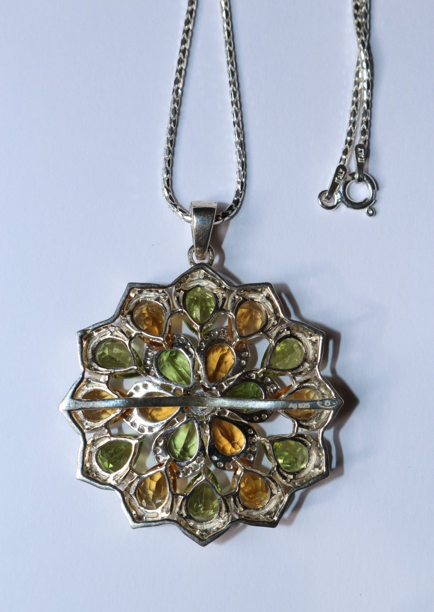 Flower Pendant With Silver Chain, Peridots, Citrines, And Diamond-photo-3