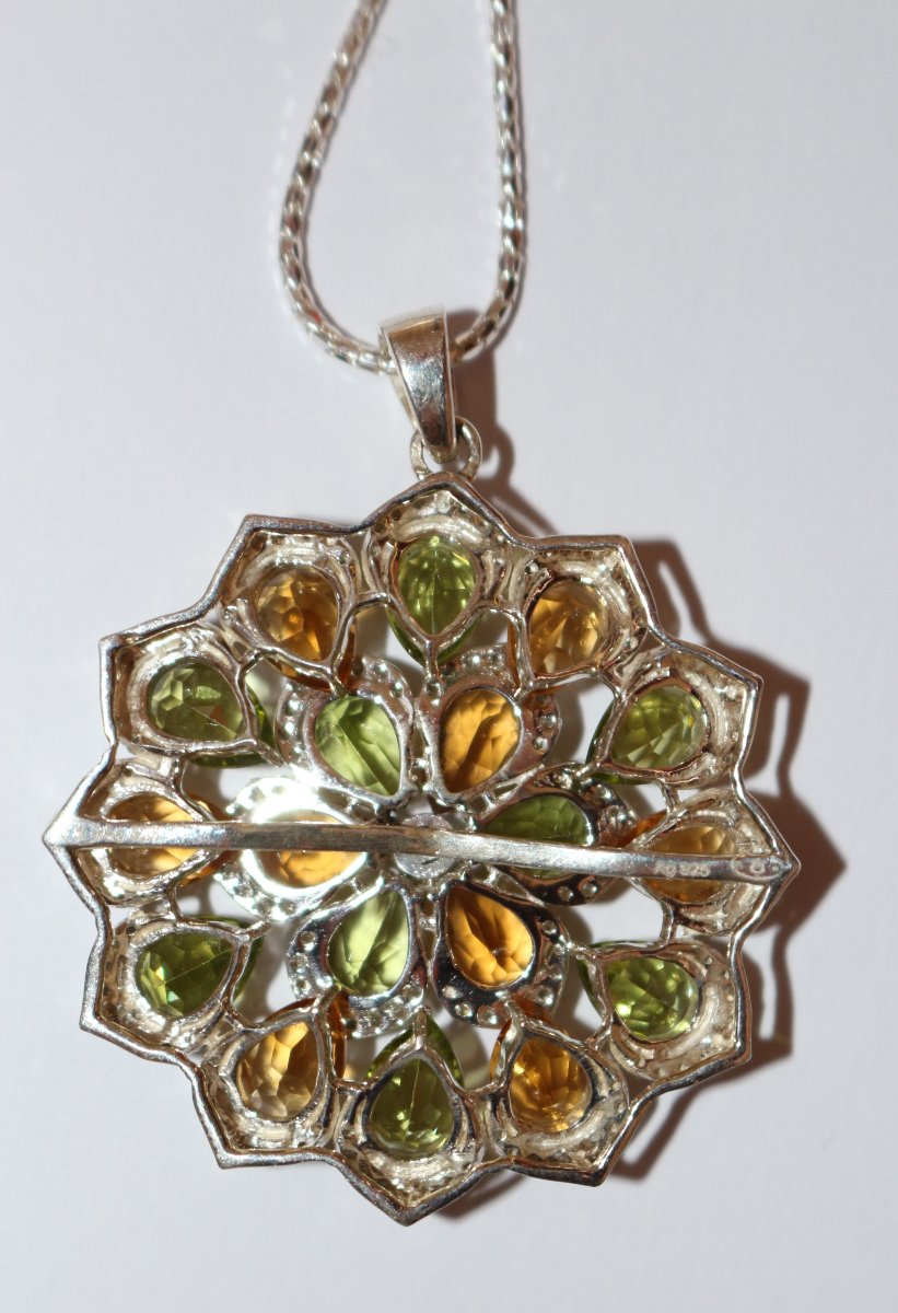 Flower Pendant With Silver Chain, Peridots, Citrines, And Diamond-photo-5