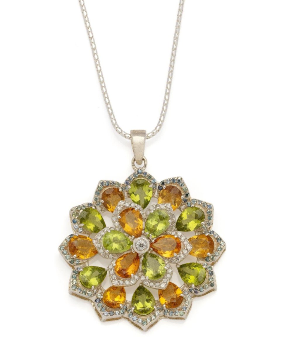 Flower Pendant With Silver Chain, Peridots, Citrines, And Diamond