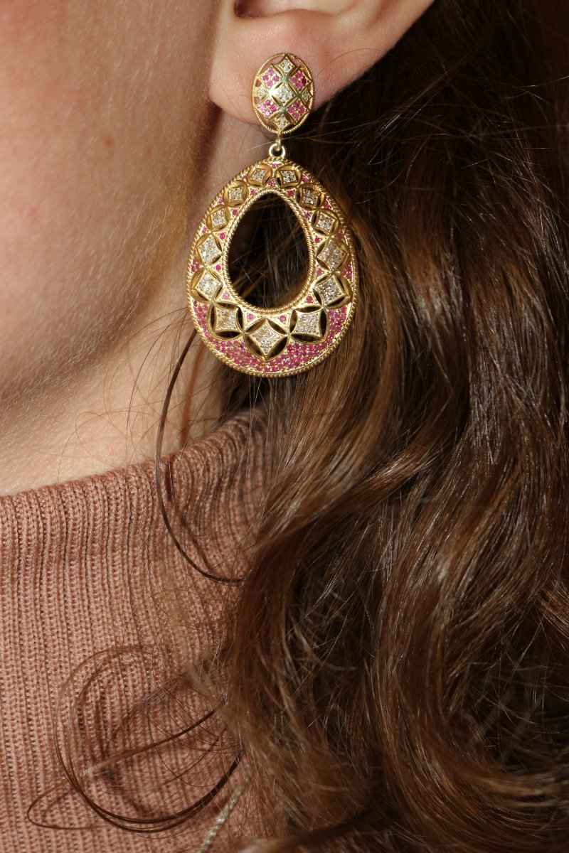 Pair Of Ruby And Diamond Drop Earrings-photo-2