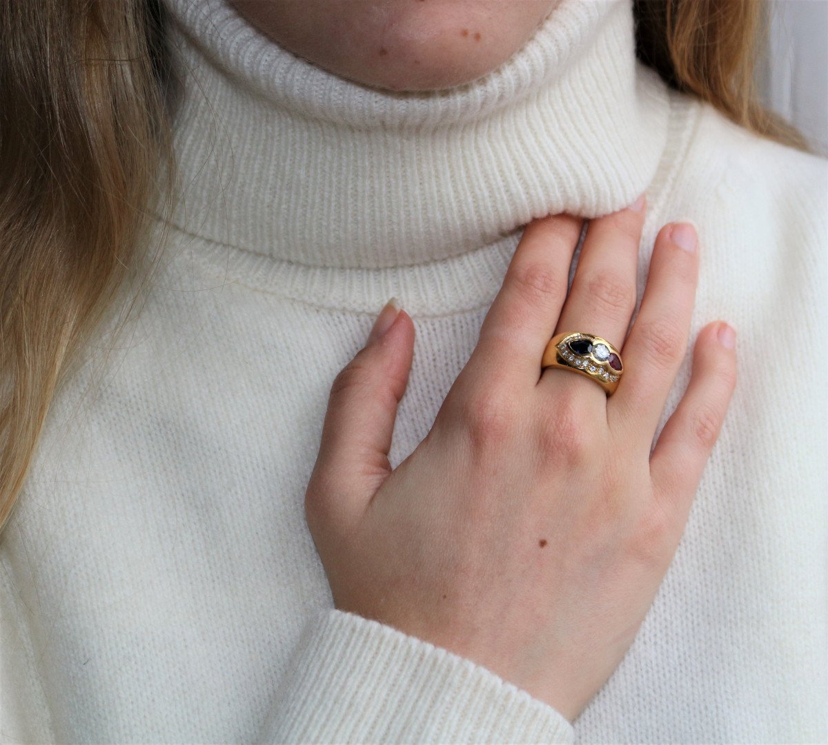 Bague Tricolore Saphir Diamant Rubis-photo-4