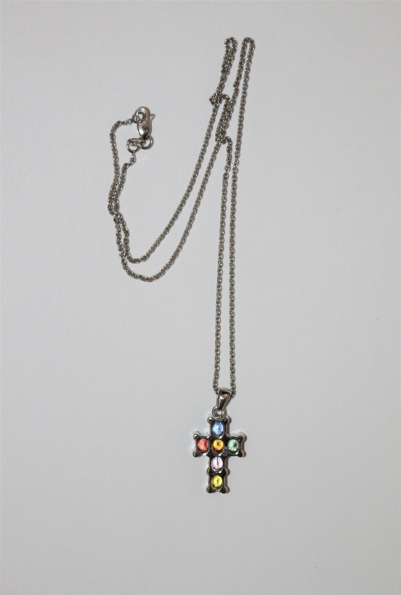 Pendentif Cha&icirc;ne Croix En Saphirs Multicolores -photo-7