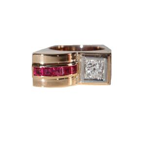 Diamond And Red Stones Tank Ring