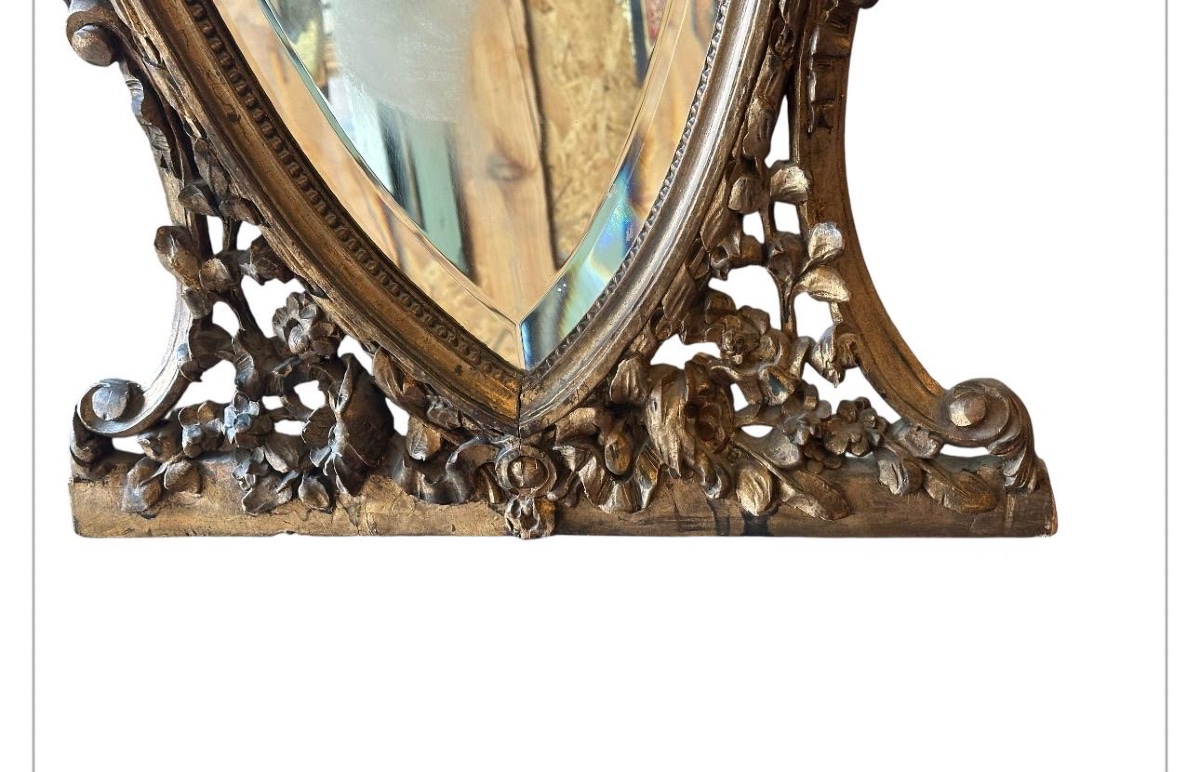 Miroir en bois dorer d’époque Napoléon III , sculpture des oiseau. Miroir Biseauté .-photo-3