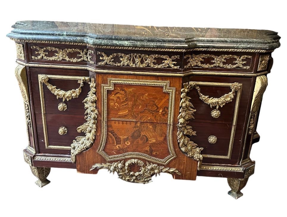 Commode à ressaut central en bois dessus marbre -photo-2