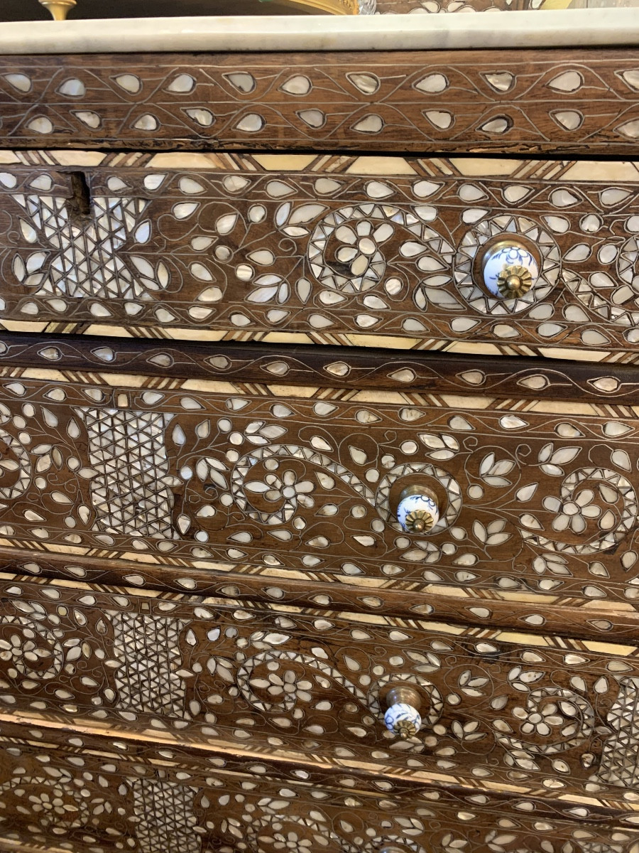 5-drawer Syrian Chest Inlaid With Mother-of-pearl, Marble Top-photo-3