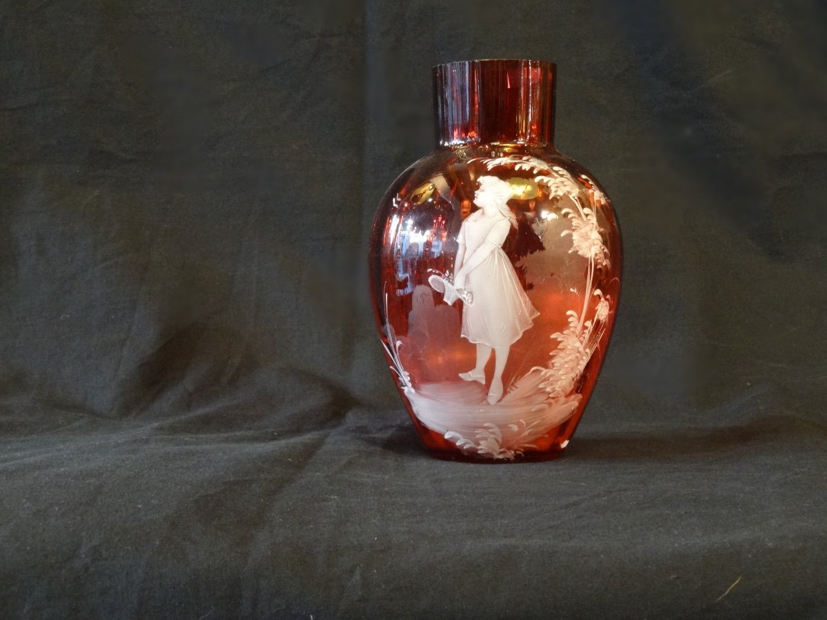 Pair Of Enamelled Red Glass Vases With Mary Gregory Decor, From The Late Nineteenth-photo-3