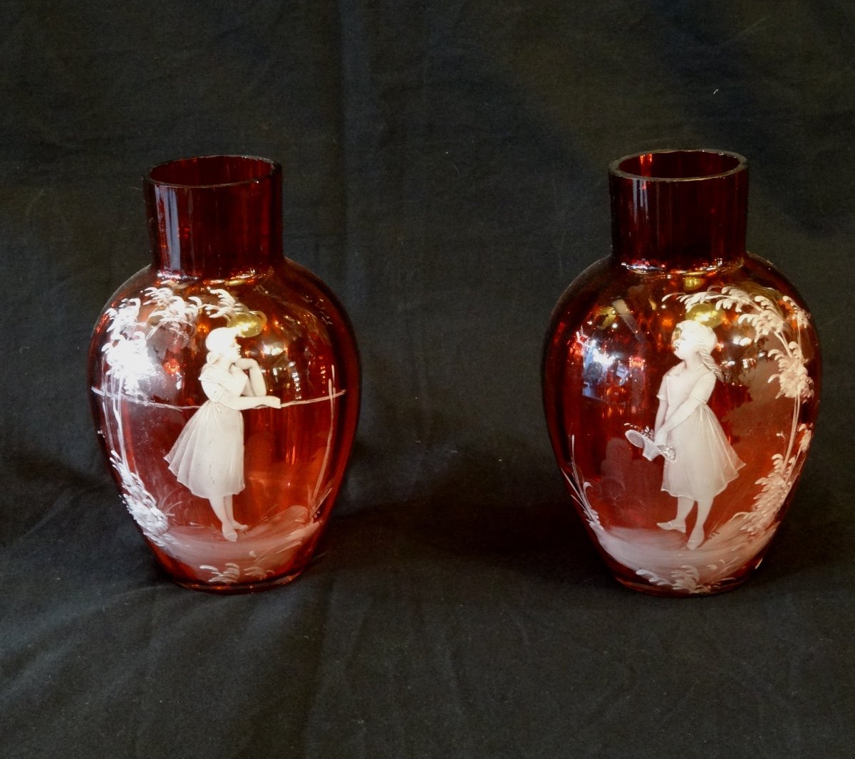 Pairs Of Enamelled Red Glass Vases With Mary Gregory Decor, Late Nineteenth