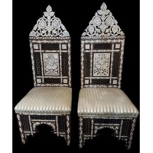 Pair Of Syrian Chairs Inlaid With Mother-of-pearl, 19th Century