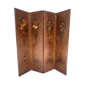 4-panel Folding Screen Made Of Oil-painted Leather.