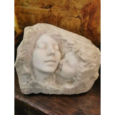 "mother And Her Child" Marble Sculpture, Italy 20th Century.