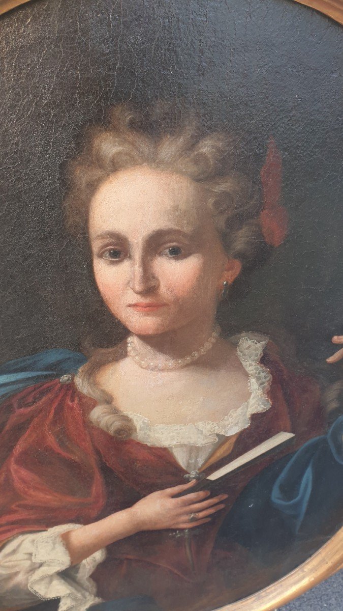 Portrait De Dame à l'éventail, Oval Encadré, XVIIIème Siècle-photo-2