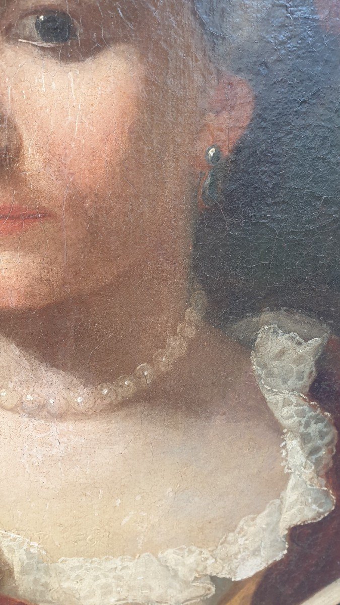 Portrait De Dame à l'éventail, Oval Encadré, XVIIIème Siècle-photo-1