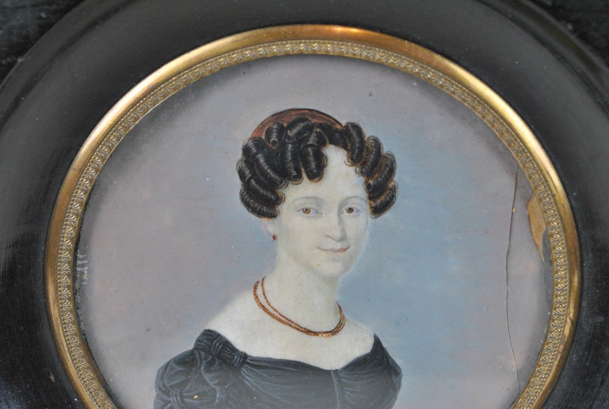 Miniature, Portrait De Femme Au Collier, XIXème Siècle-photo-3